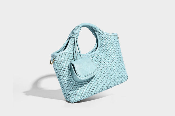 Woven texture tote bag with knotted top handles, attached front mini pouch, and gold-tone hardware, detail view 16