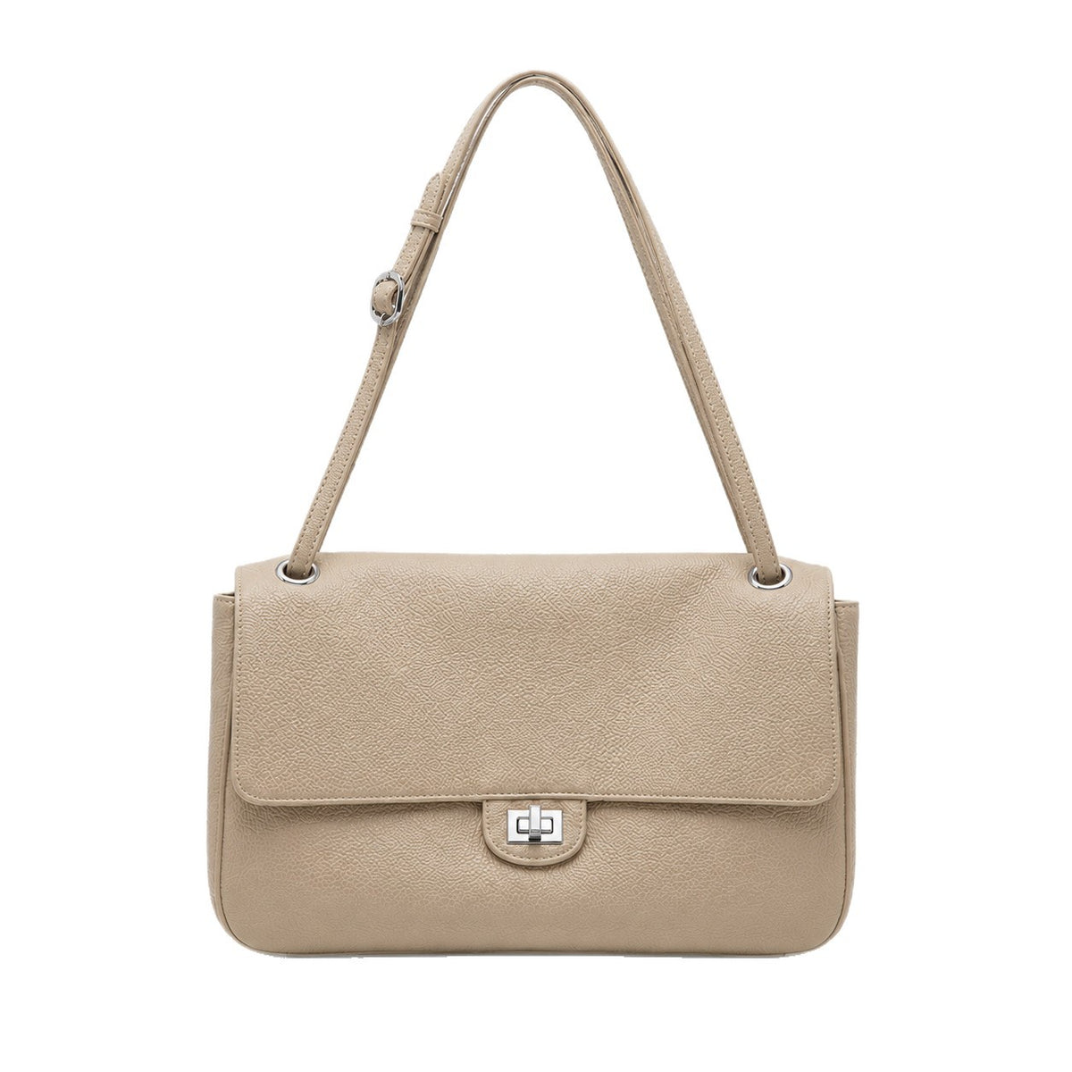 Structured black flap shoulder bag with pebbled texture, silver-tone turn-lock closure, and adjustable single shoulder strap