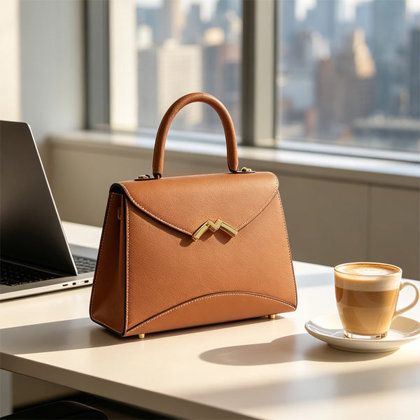 Structured trapezoid top-handle satchel in golden brown cross-grain textured finish with gold M-shaped clasp hardware and
