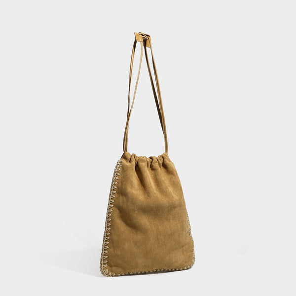 Matte suede-look drawstring bucket bag with cream braided woven edge trim and slim adjustable leather-look shoulder strap