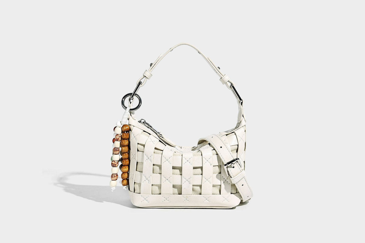 Small woven convertible shoulder bag with top zipper, silver-tone hardware, and detachable crossbody strap, detail view 20