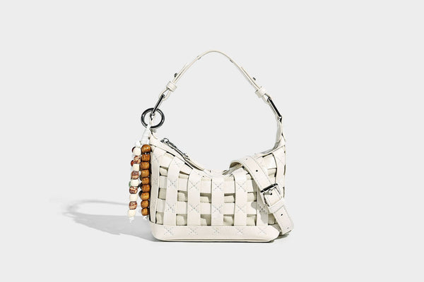 Small woven convertible shoulder bag with top zipper, silver-tone hardware, and detachable crossbody strap, detail view 20