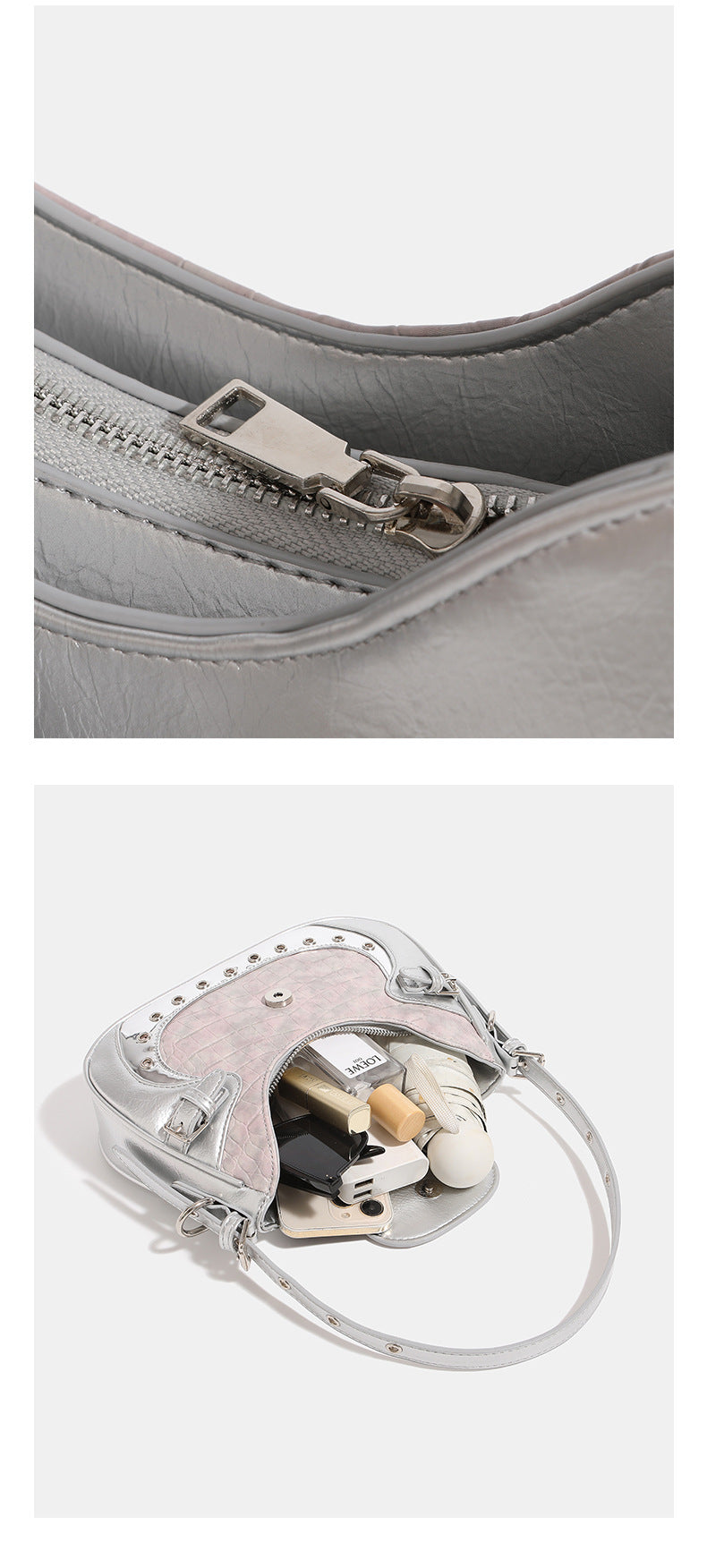 Compact croc-embossed leather-look shoulder bag with silver grommet trim, buckle strap detail, and four-point star turn-lock