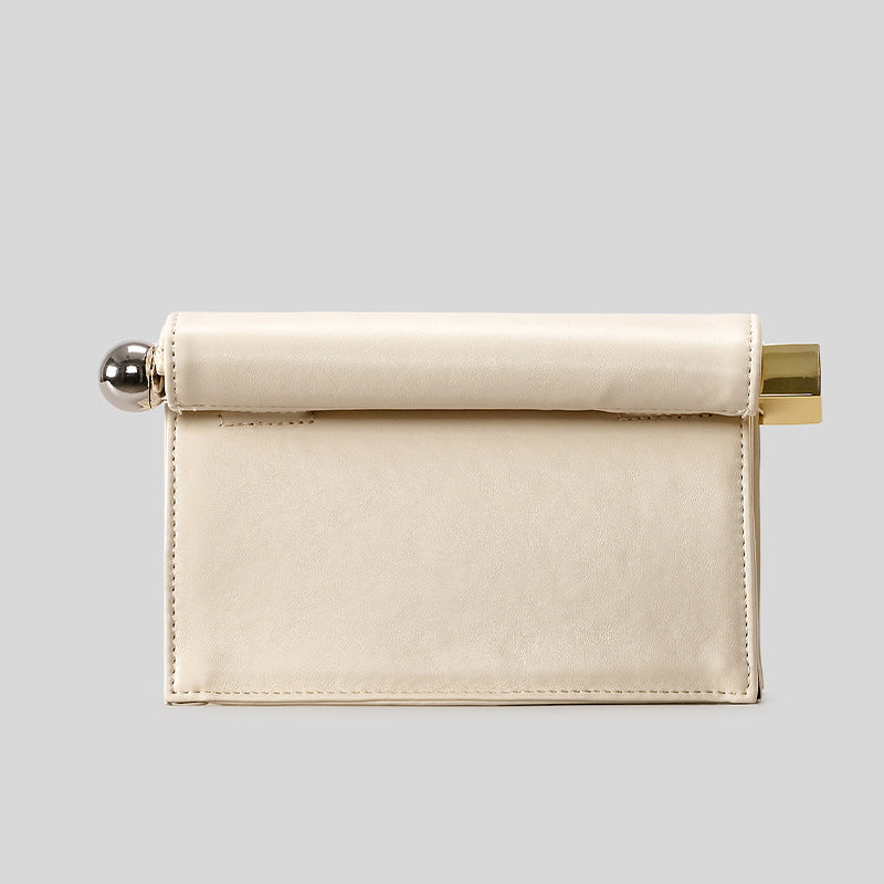 Structured rectangular clutch bag with rolled-top bar closure, gold-tone and silver-tone mixed metal hardware, detail view 6