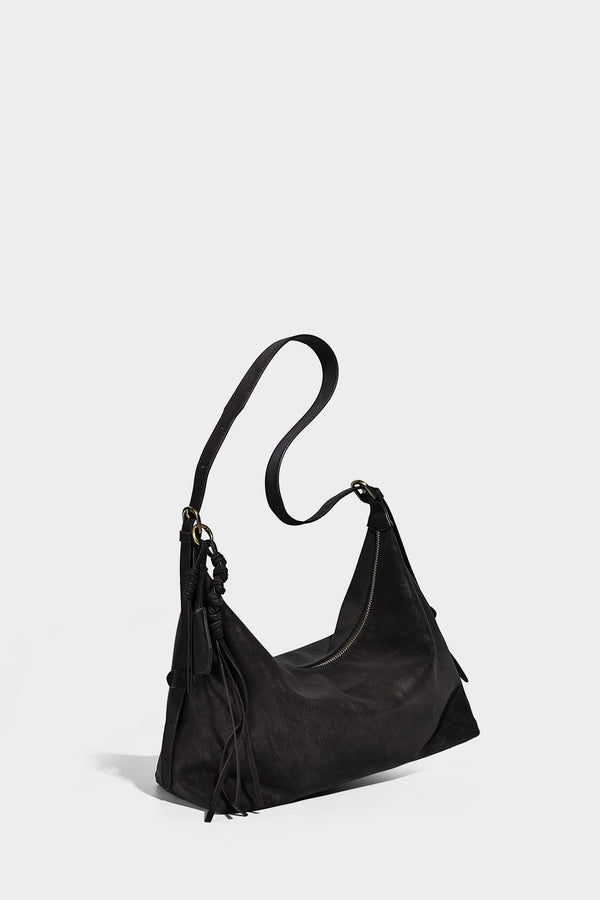 Lässige Hobo-Schultertasche mit matter Oberfläche, Quastenbesatz und goldfarbenen Metallelementen, Detailansicht 24