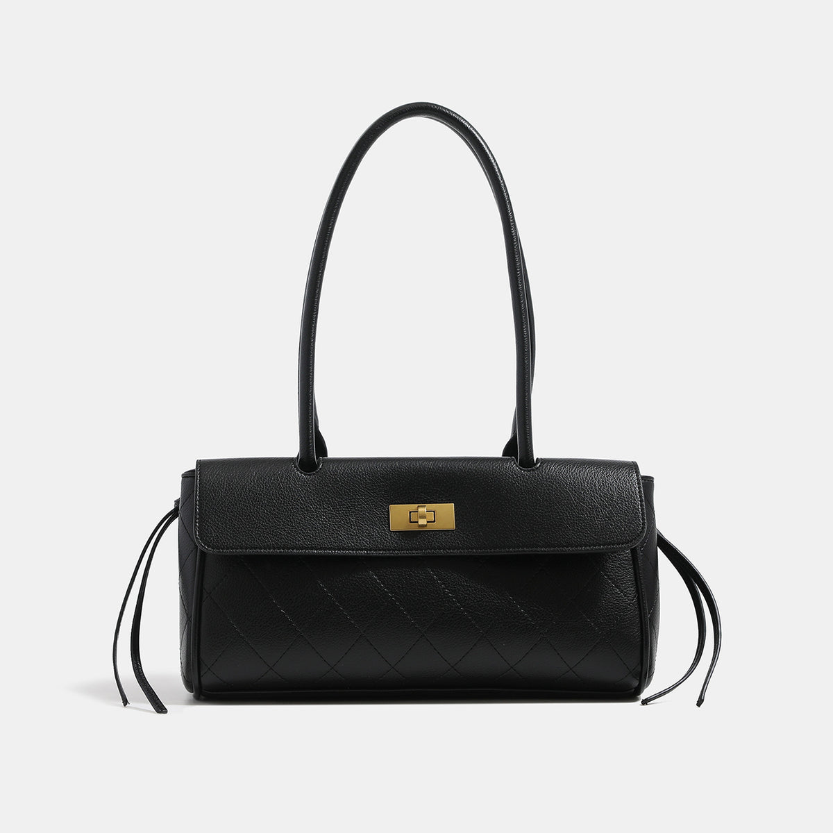 Structured quilted diamond-stitch baguette handbag with gold-tone turn-lock closure and dual top handles, detail view 7