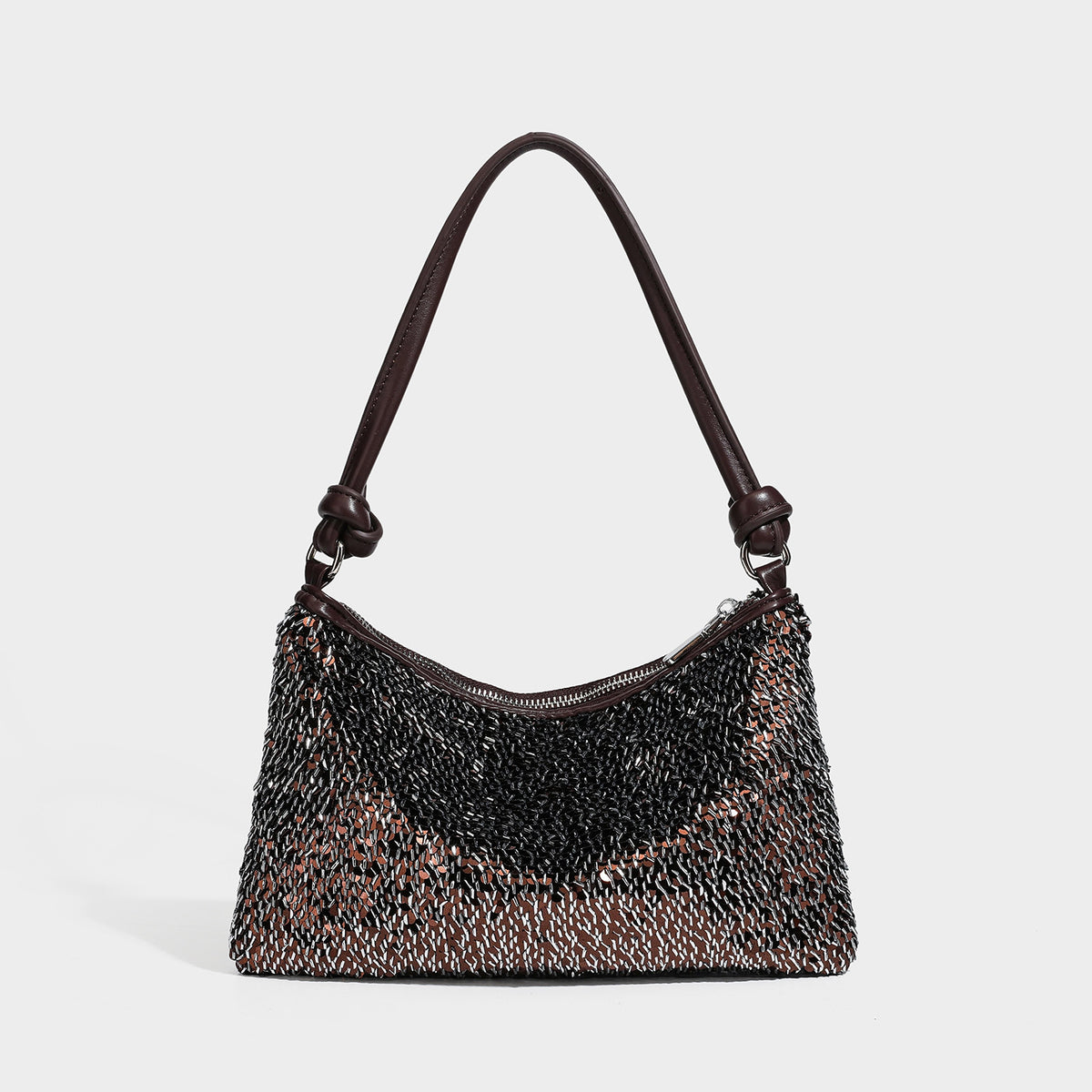 Small sequin hobo shoulder bag with knotted strap and zip closure, detail view 2