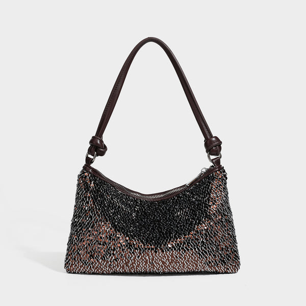 Small sequin hobo shoulder bag with knotted strap and zip closure, detail view 2