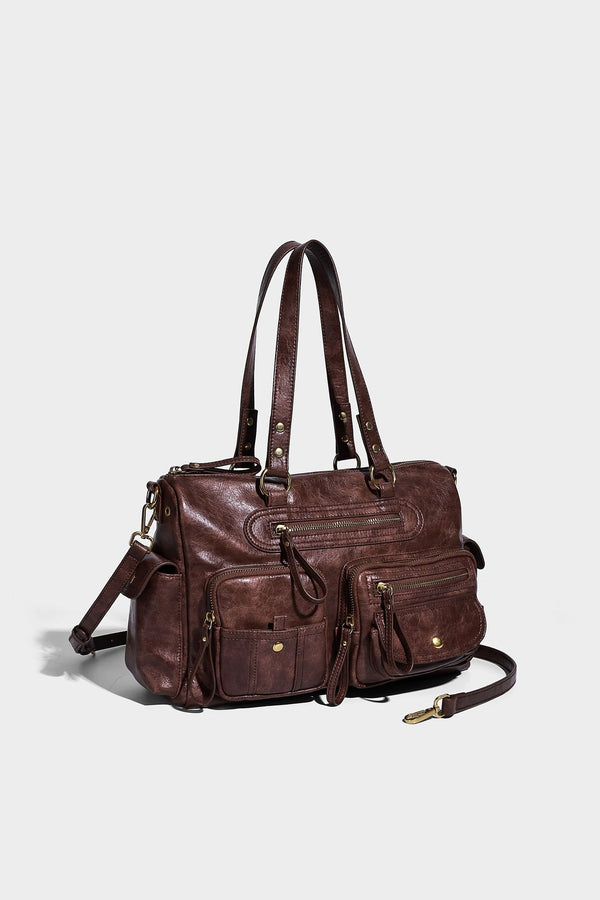 Distressed leather-look vintage satchel shoulder bag with multiple front zip pockets, dual top handles, and brass-tone