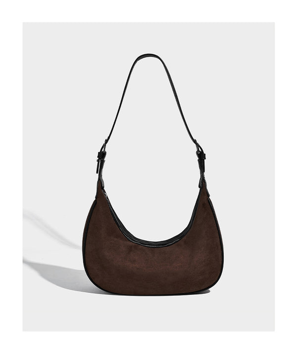Crescent hobo shoulder bag in matte suede-look finish with black trim and adjustable strap, detail view 10