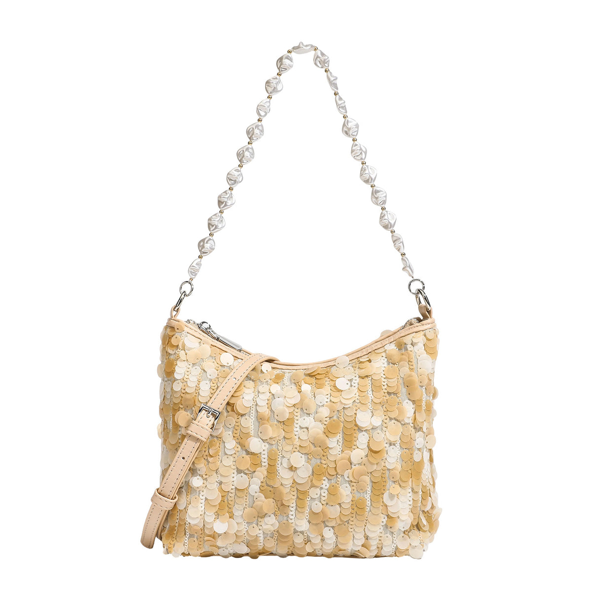 Champagne and ivory large-disc sequin shoulder bag with baroque faux-pearl beaded chain strap and silver-tone zip closure