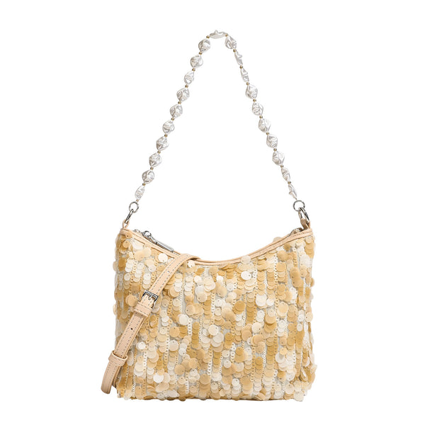 Champagne and ivory large-disc sequin shoulder bag with baroque faux-pearl beaded chain strap and silver-tone zip closure