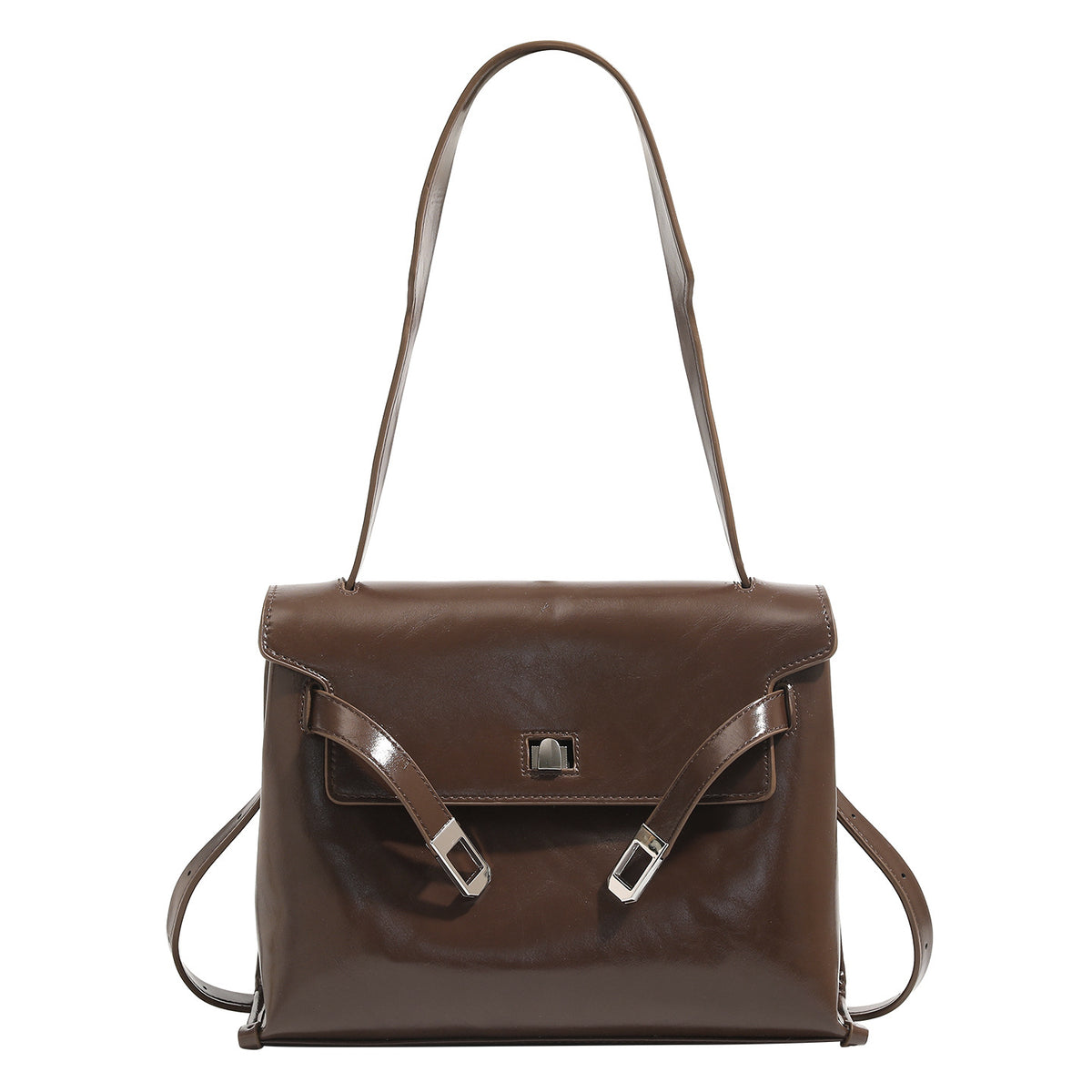 Structured retro flap satchel bag with turn-lock closure, adjustable shoulder strap, and silver-tone hardware, detail view 5