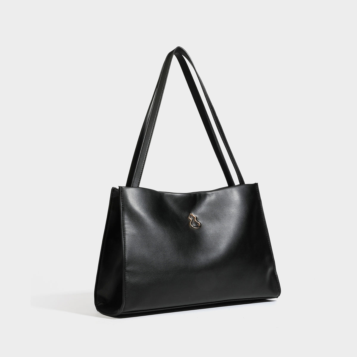 Structured rectangular shoulder tote bag with smooth leather-look finish, long double straps, and gold-tone gourd emblem on