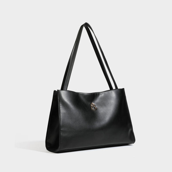Structured rectangular shoulder tote bag with smooth leather-look finish, long double straps, and gold-tone gourd emblem on