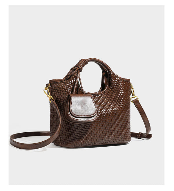 Woven leather-look tote bag in mocha brown with knotted top handle, front flap pocket, and detachable crossbody strap with
