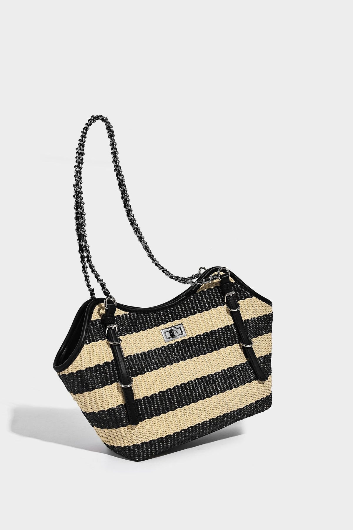 Black and natural striped woven tote bag with chain shoulder strap and silver-tone turn-lock hardware, detail view 17