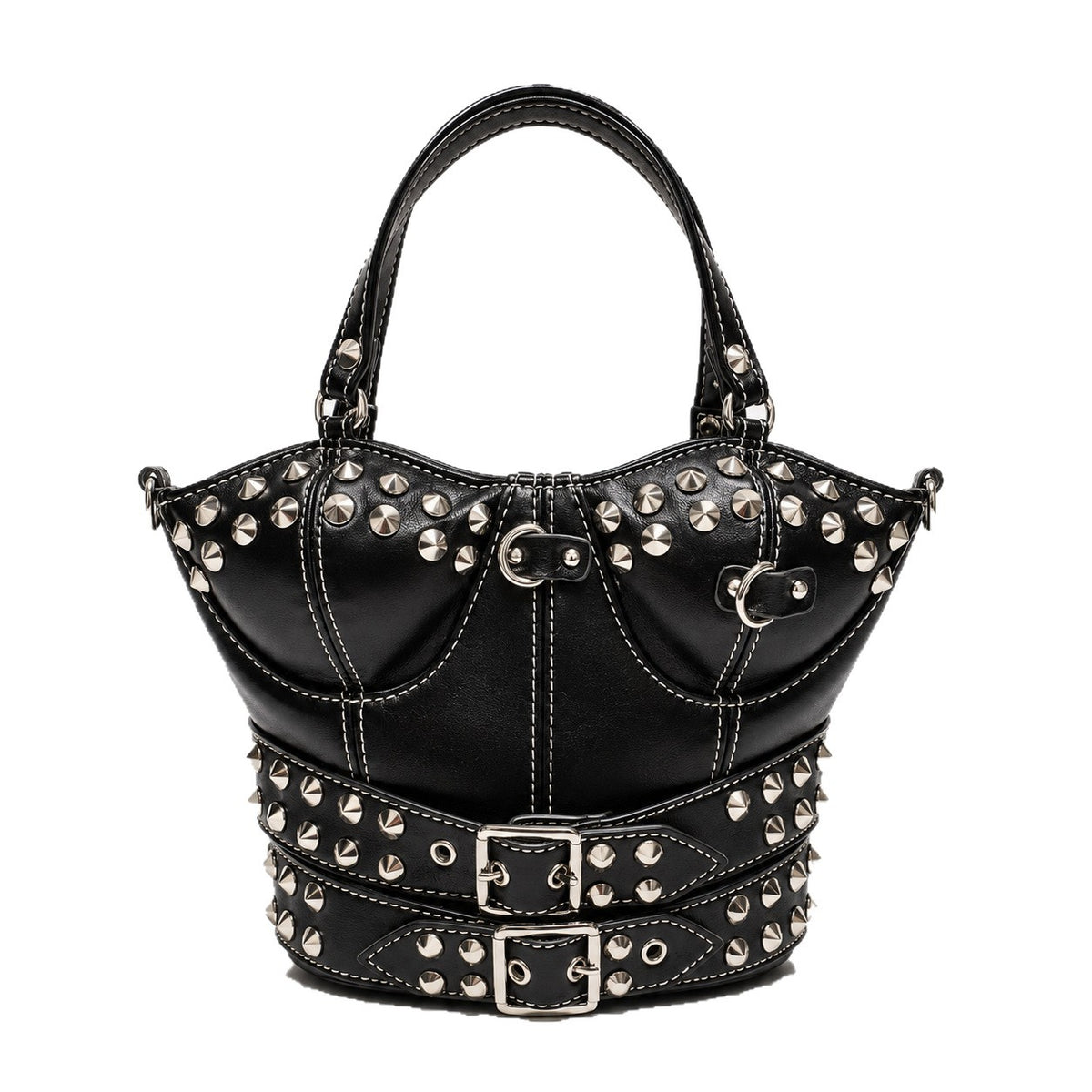 Strukturierte Handtasche mit korsettförmiger Silhouette, silberfarbenen Kegel-Nieten und doppeltem Schnallengürtel-Detail, Detailansicht 5