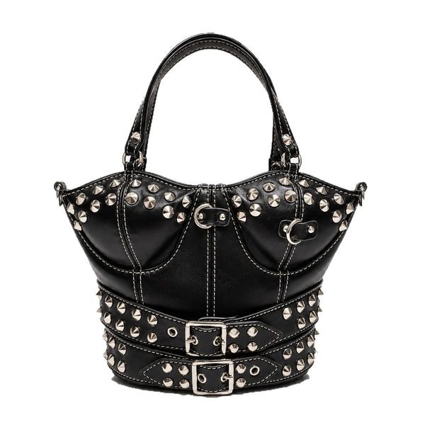Strukturierte Handtasche mit korsettförmiger Silhouette, silberfarbenen Kegel-Nieten und doppeltem Schnallengürtel-Detail, Detailansicht 5