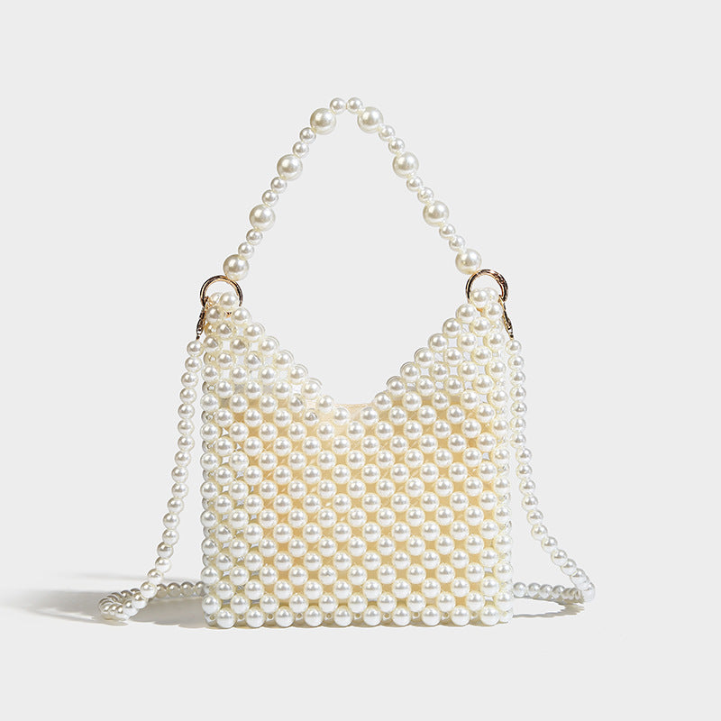 Small silver metallic beaded mini bag with braided rhinestone top handle and detachable chain crossbody strap, detail view 30