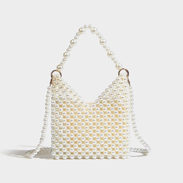 Small silver metallic beaded mini bag with braided rhinestone top handle and detachable chain crossbody strap, detail view 30
