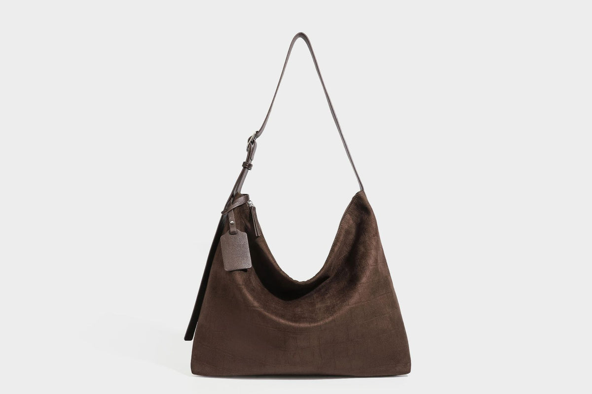 Slouchy hobo shoulder bag in matte croc-embossed leather-look finish with top zip closure and long adjustable strap, detail