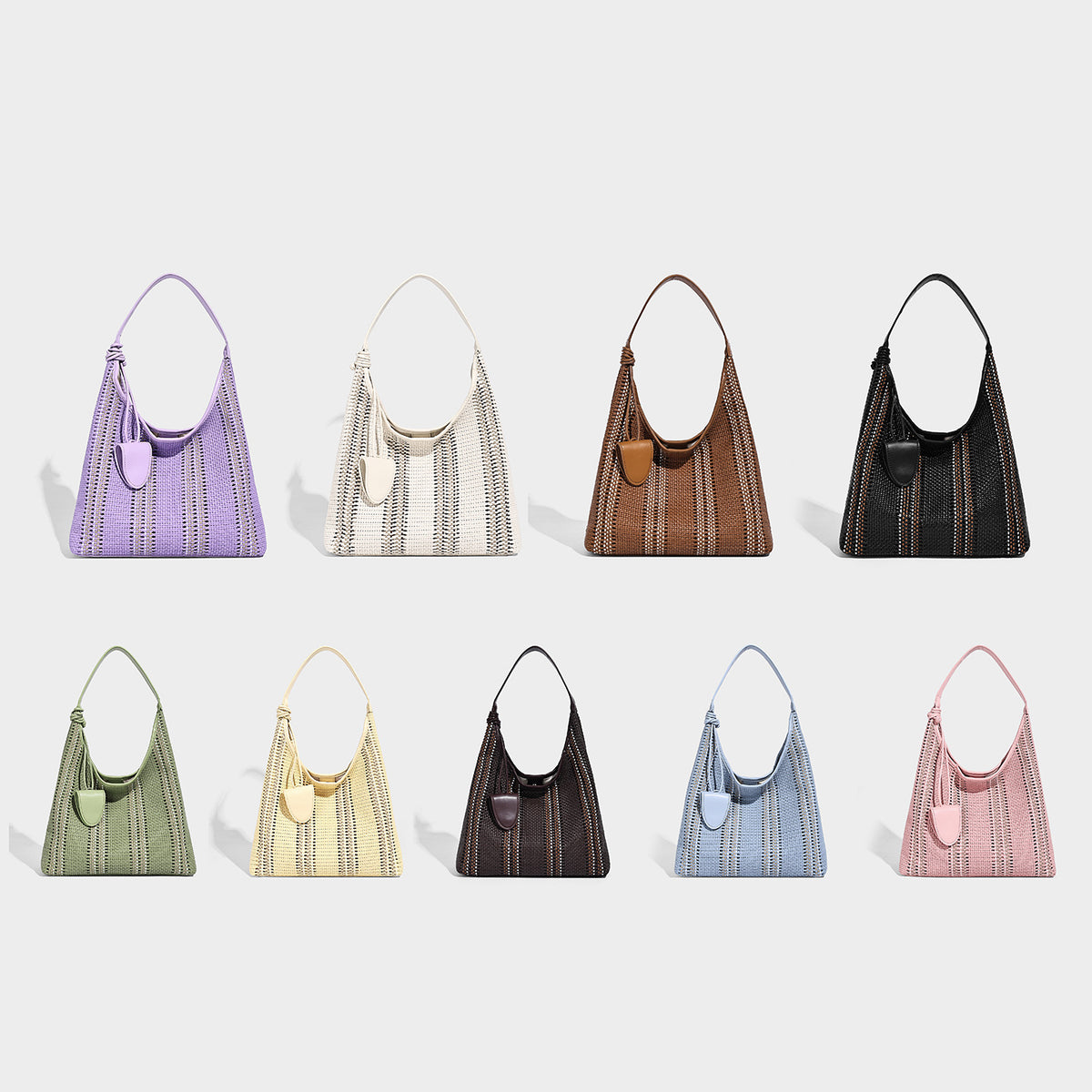 Woven striped slouch shoulder tote bag with knotted strap and attached front flap pouch, detail view 2