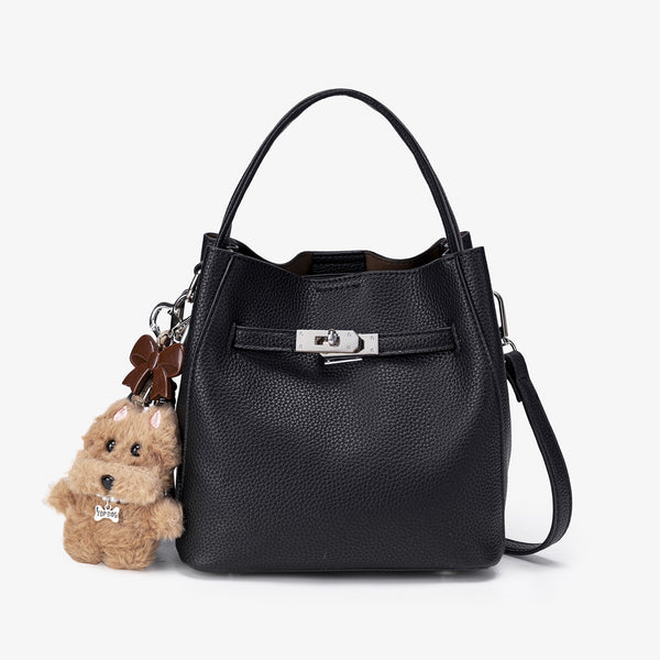 Compact structured bucket bag in pebbled leather-look finish with silver turn-lock front clasp, dual top handles, detachable