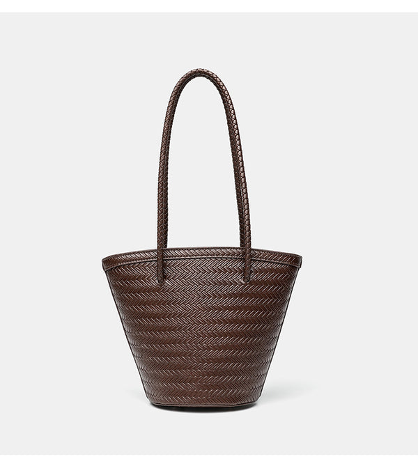 Woven herringbone-texture bucket bag with braided rope shoulder strap in dark brown, detail view 13