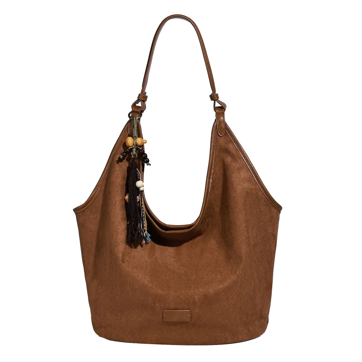 Lässig fallende Hobo-Schultertasche in matter Velourslederoptik mit offenem Überschlag und optionalem Quasten-Perlen-Anhänger, Detailansicht 5