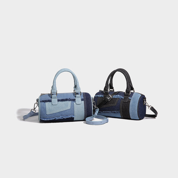 Mini barrel handbag in light and dark denim patchwork with frayed seam trim, dual top handles, top zip closure, and, detail