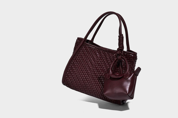Woven texture open-top tote bag with smooth trim top handles and attached mini drawstring pouch in dark brown, detail view 33