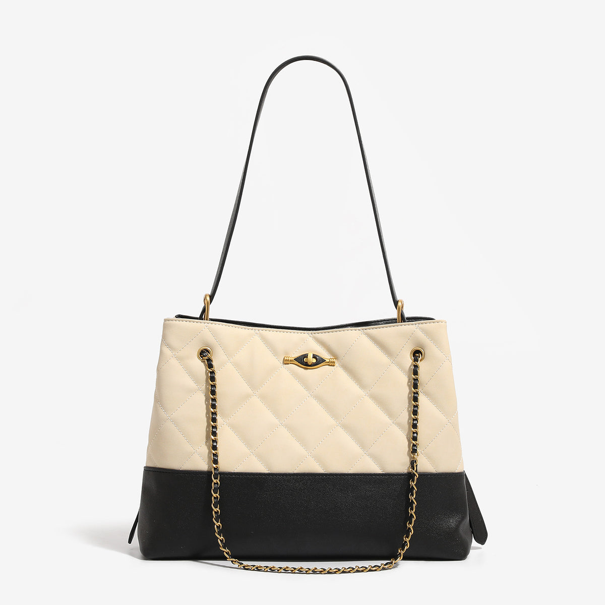 Large quilted two-tone shoulder tote bag with gold-tone chain handles and eye-shaped clasp hardware, detail view 6