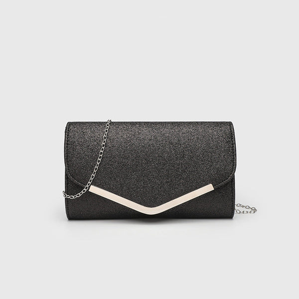 Structured glitter envelope clutch bag with gold-tone V-bar hardware and detachable chain strap, detail view 9