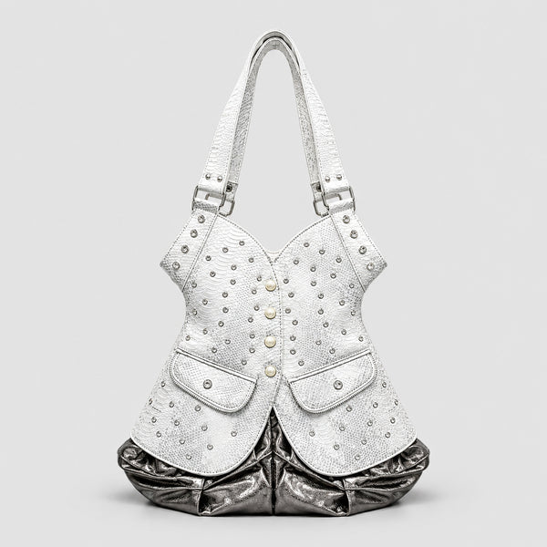 Corset-silhouette leopard-print shoulder bag with crystal and pearl-look stud hardware, front zip flap pockets, and, detail