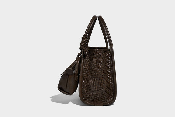 Woven texture open-top tote bag with smooth trim top handles and attached mini drawstring pouch in dark brown, detail view 18