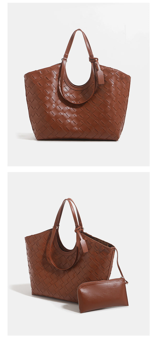 Large woven leather-look tote bag with open top and dual shoulder handles, detail view 10