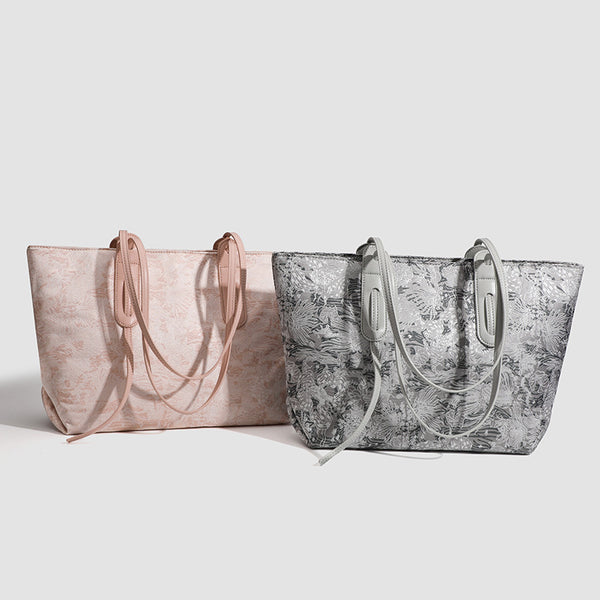 Large structured floral jacquard tote bag with long leather-look shoulder strap, detail view 2