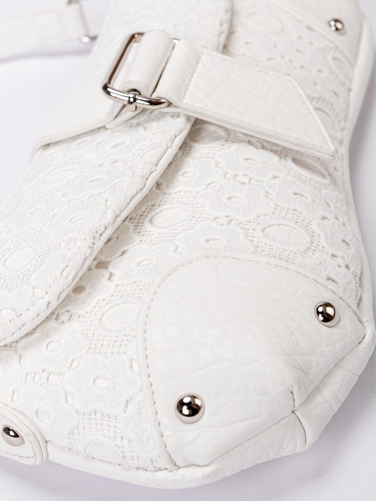 Small washed leopard print shoulder bag in blue-grey with silver buckle strap and stud accents, detail view 27