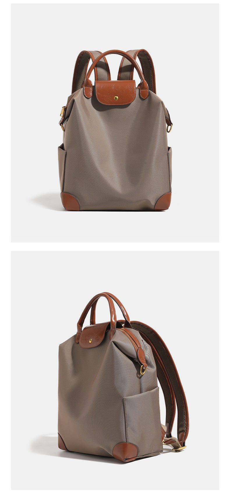 Soft rectangular nylon convertible backpack handbag with leather-look trim, snap-flap closure, top carry handles, padded