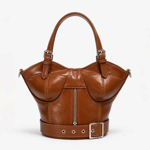 Strukturierte Henkeltasche in Korsettform mit silberfarbenen Kegelnieten und doppeltem Schnallengürtel-Detail, Detailansicht 14