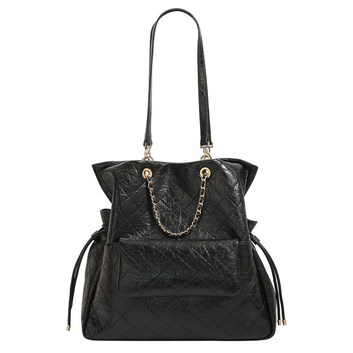 Large quilted leather-look drawstring backpack handbag with gold-tone chain handles and front flap pocket, detail view 5