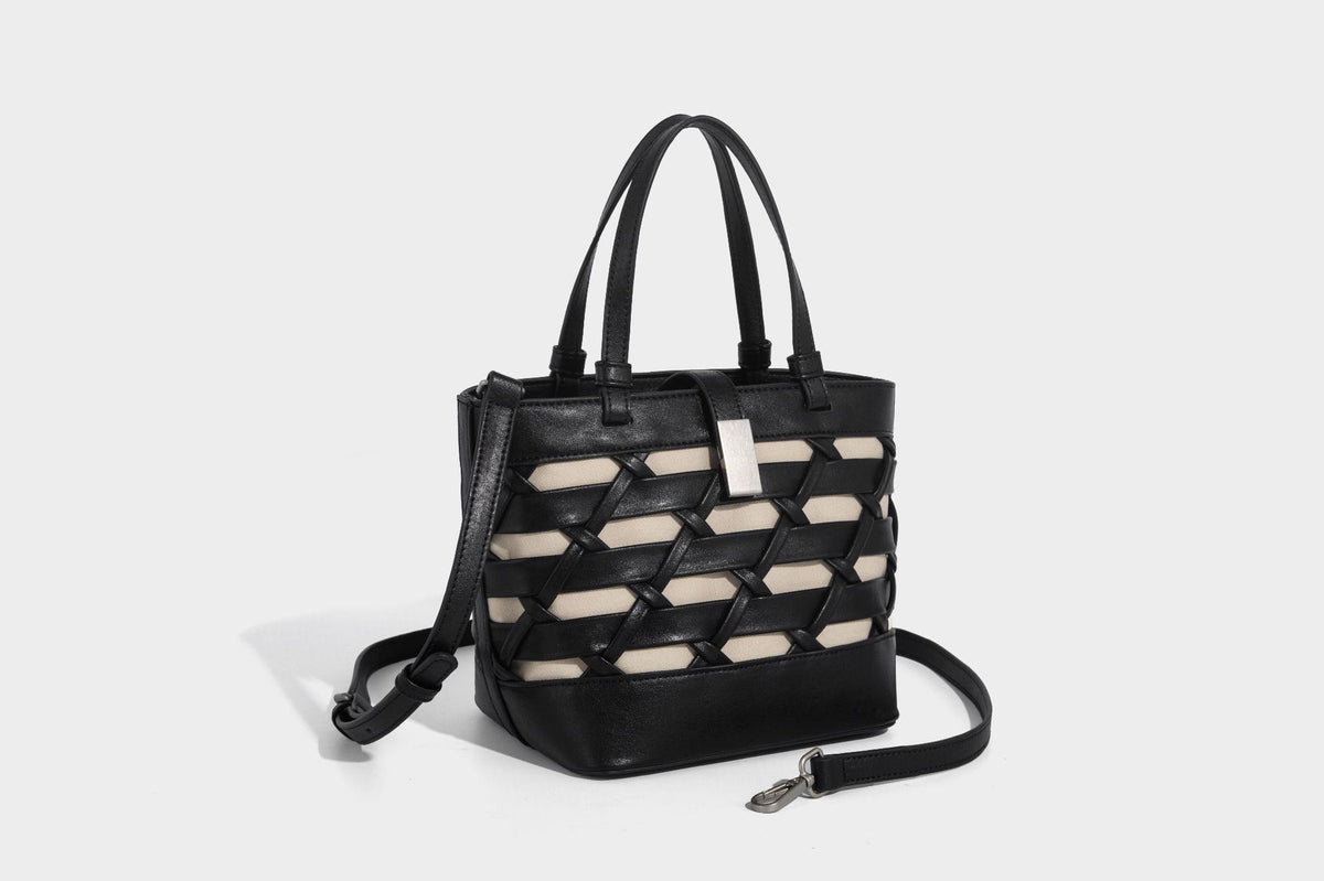 Structured woven lattice tote bag with cream lining, dual top handles, detachable crossbody strap, and silver-tone hardware