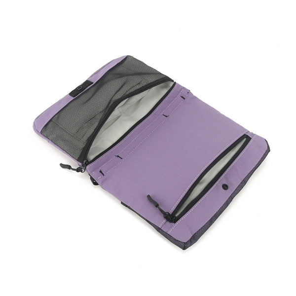 Flat rectangular crossbody bag with mesh front pocket, top zip closure, and adjustable patterned strap, detail view 14