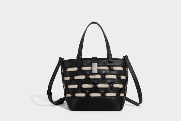 Structured woven lattice tote bag with cream lining, dual top handles, detachable crossbody strap, and silver-tone hardware