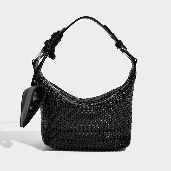 Kleine geflochtene Crossbody-Tasche mit durchbrochenem Muster, Reißverschluss oben, Lederoptik-Absetzung und verstellbarem Riemen, Detailansicht 12