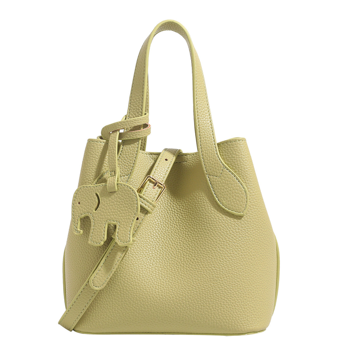 Pebbled leather-look bucket tote with elephant charm pendant, dual top handles, and detachable shoulder strap, detail view 5