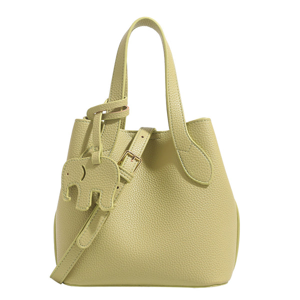 Pebbled leather-look bucket tote with elephant charm pendant, dual top handles, and detachable shoulder strap, detail view 5