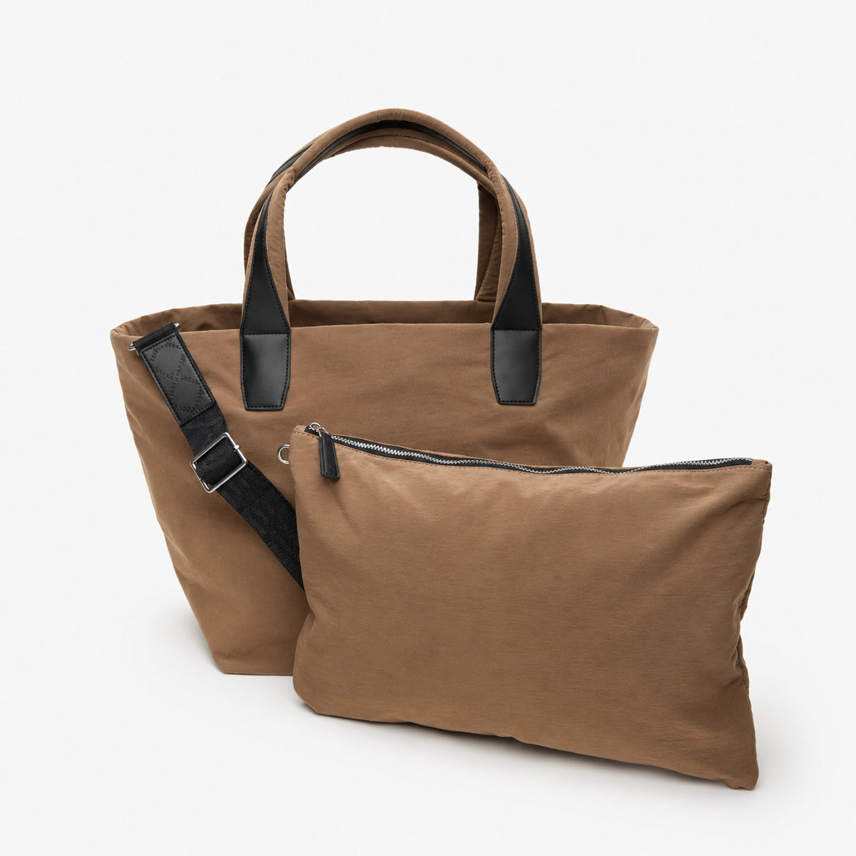 Large lightweight nylon tote bag with zipper closure, black leather-look handles, and trapezoid silhouette, detail view 20