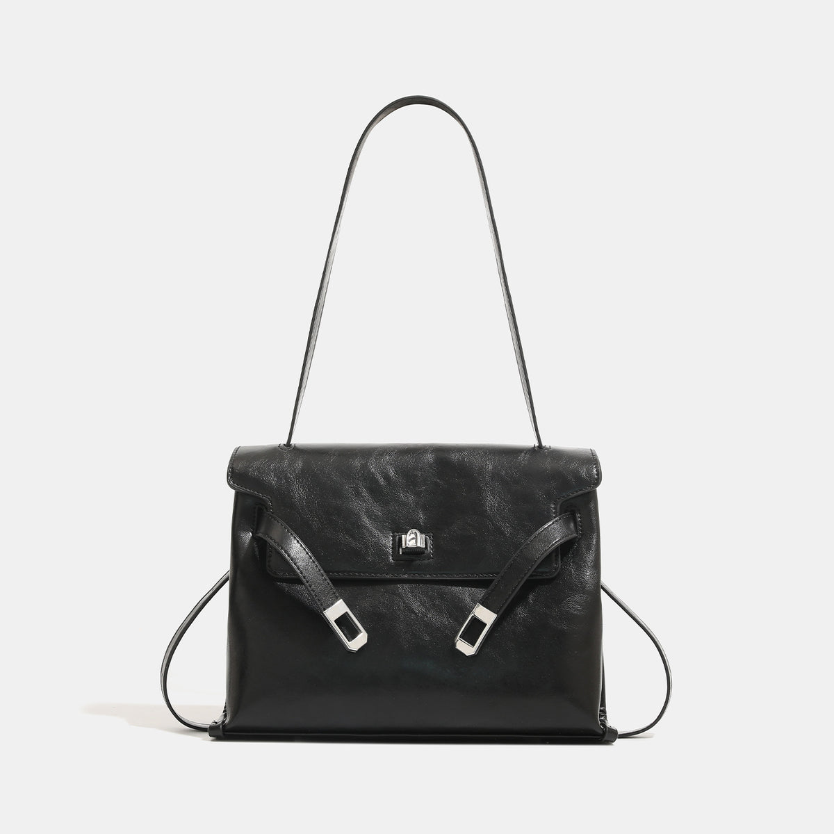 Structured rectangular flap shoulder bag in glossy leather-look finish with silver turn-lock clasp and adjustable strap